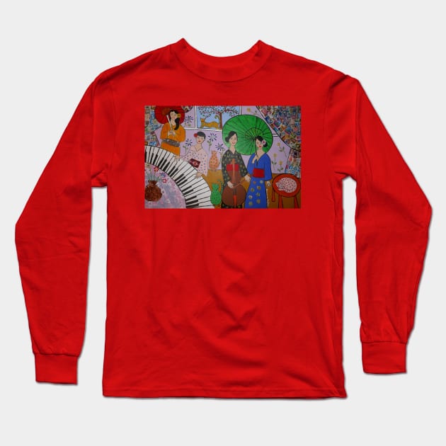 Japanese Geisha Women, A Piano, Cello and Colourful Cats Long Sleeve T-Shirt by Casimirasquirkyart